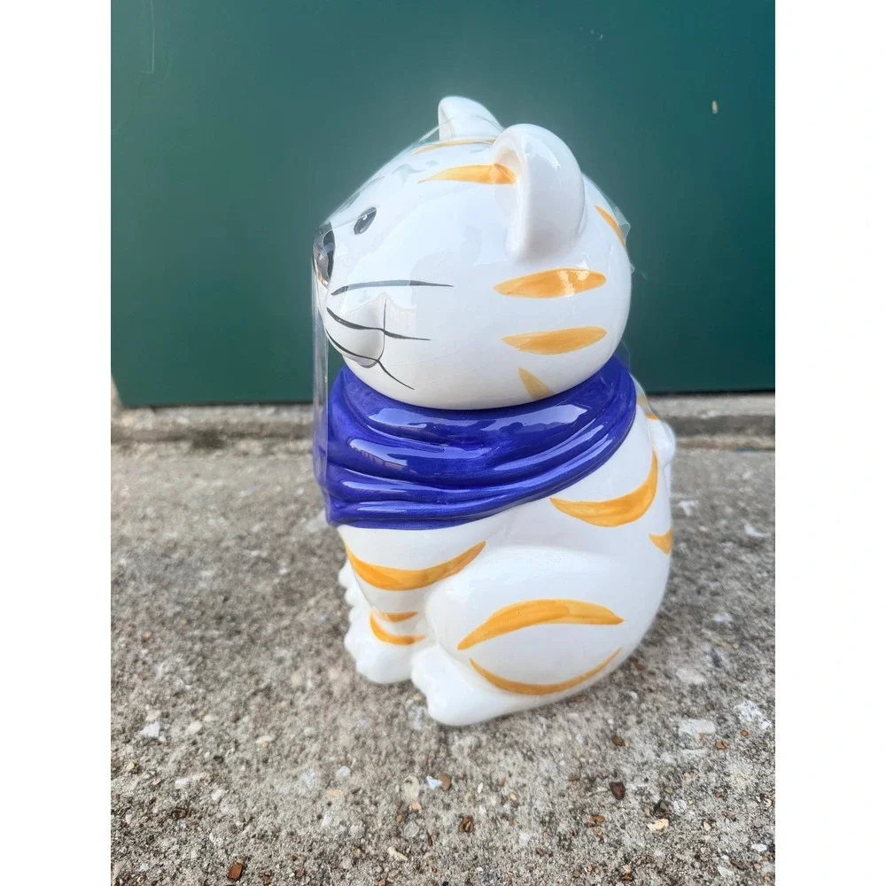 Vintage Style Ceramic White Orange Striped Cat Cookie Jar Blue Scarf 10‎ Inch